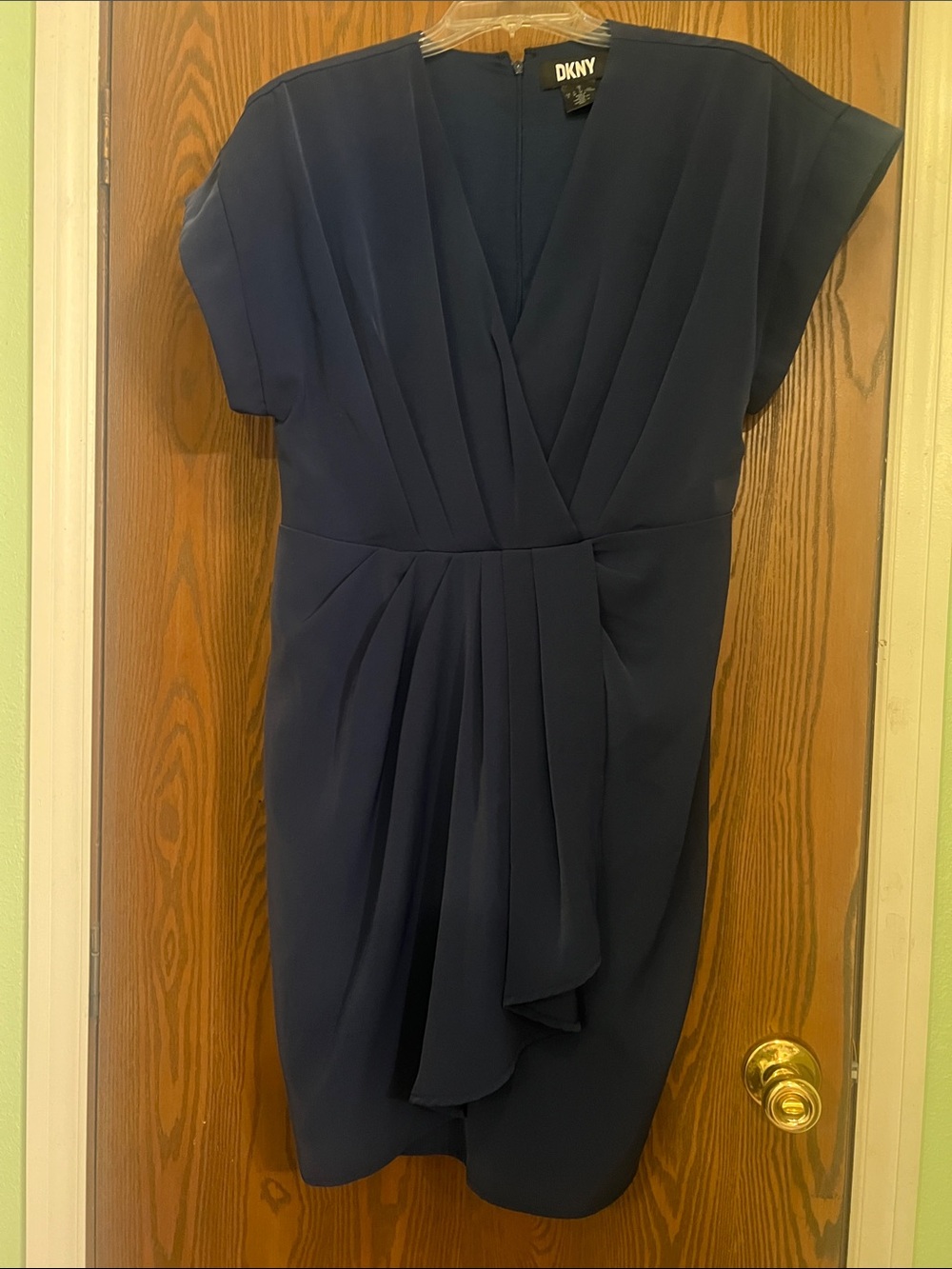 DKNY Navy Pleated Wrap-Front Midi Dress